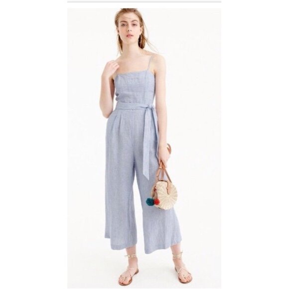 J Crew Women's Jumpsuit Size 0 Spaghetti strap striped beauchamps linen blue - Picture 1 of 16
